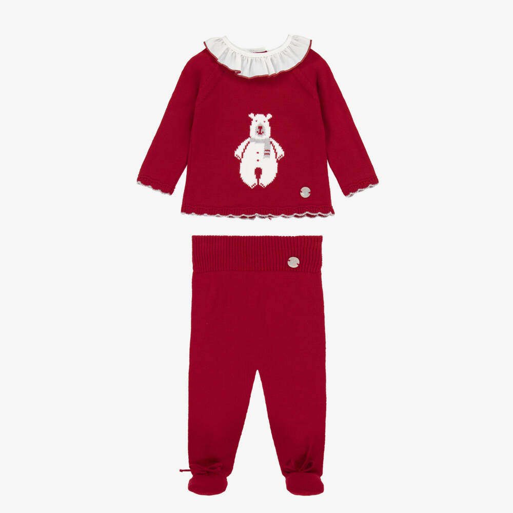 Artesanía Granlei-Girls Red Knitted Babysuit Set with Bear Motif | Childrensalon