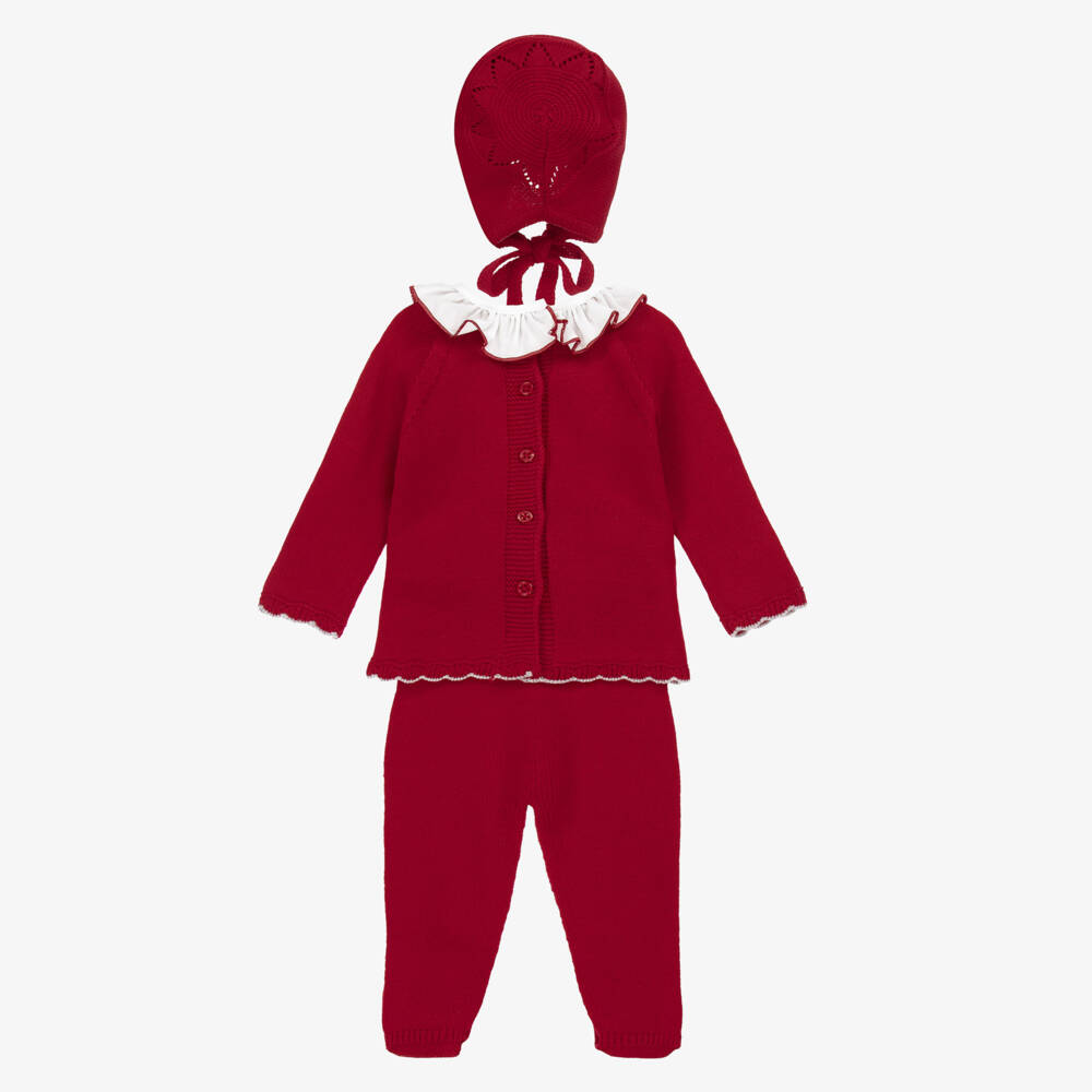 Artesanía Granlei-Girls Red Knitted Babysuit Set with Bear Motif | Childrensalon