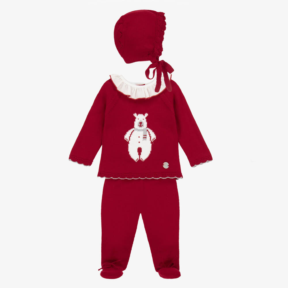Artesanía Granlei-Girls Red Knitted Babysuit Set with Bear Motif | Childrensalon