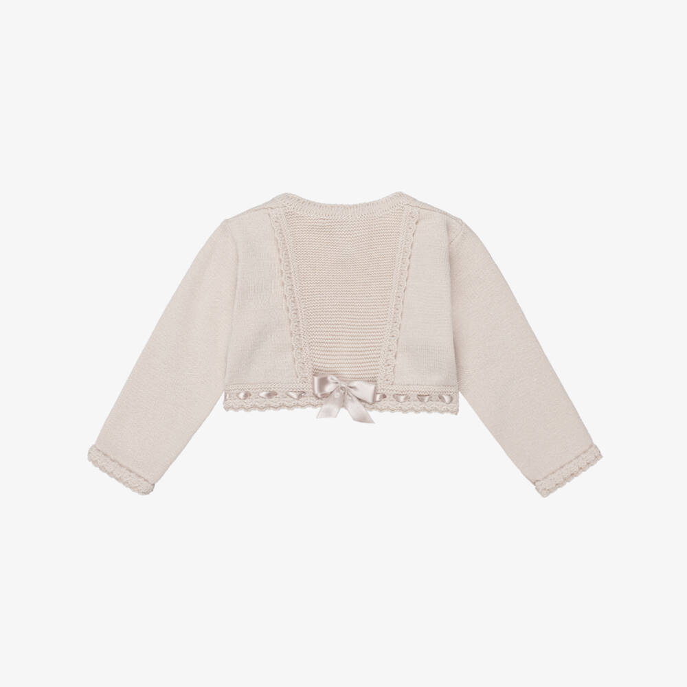 Artesanía Granlei-Girls Shimmery Beige Bolero Cardigan with Ribbon Detailing | Childrensalon