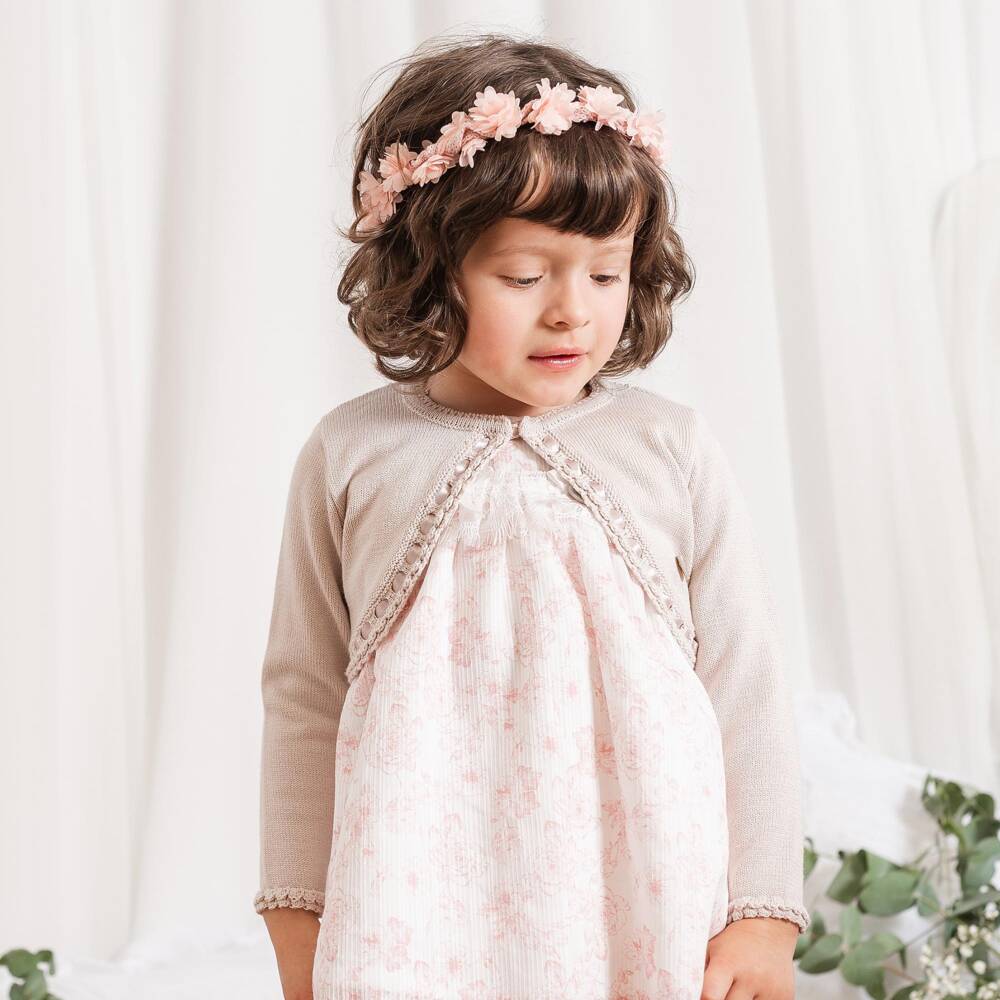 Artesanía Granlei-كارديغان بوليرو مزين بشريط لون بيج لامع للبنات | Childrensalon