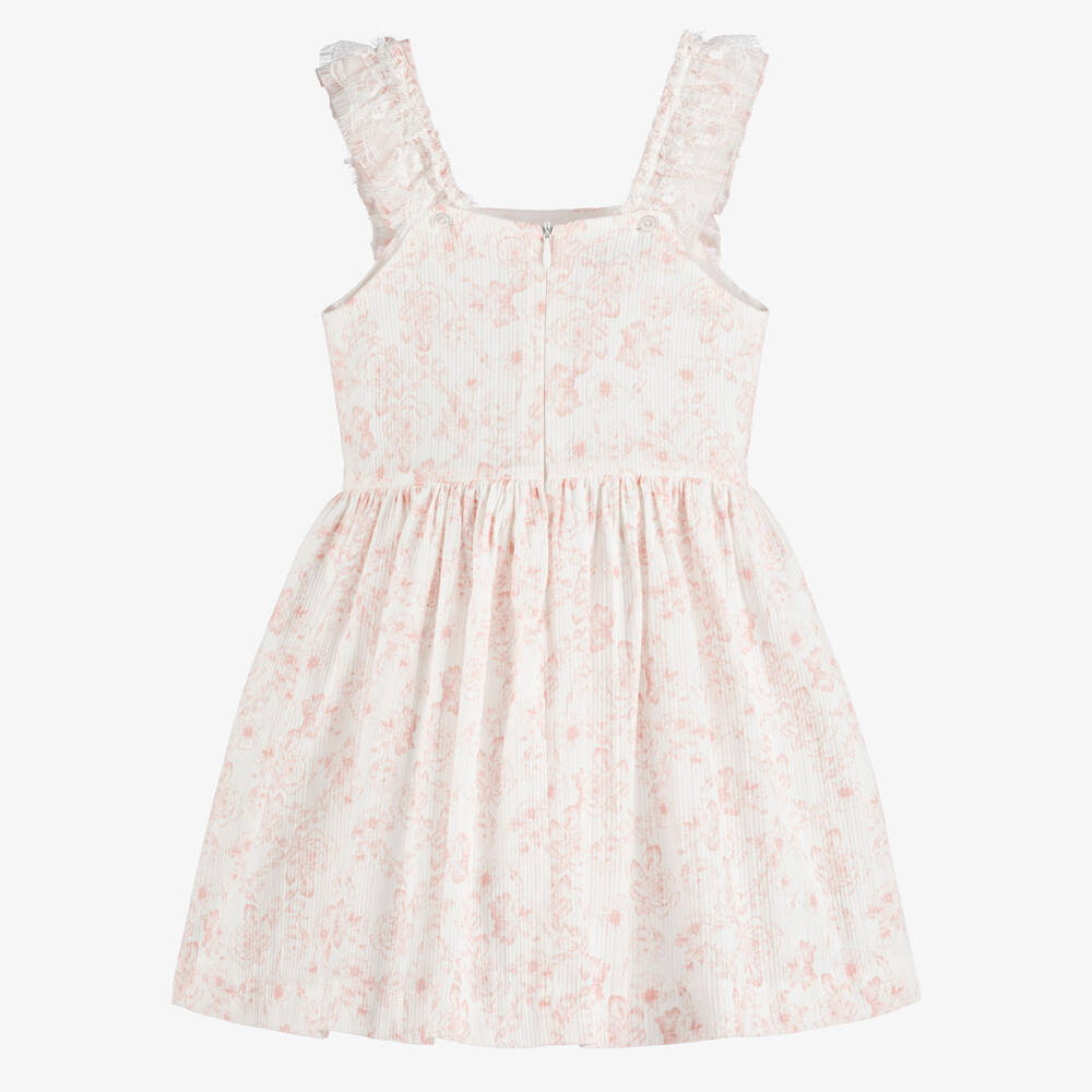 Artesanía Granlei-Платье бело-розовое из хлопка в цветочек Toile de Jouy для девочек | Childrensalon