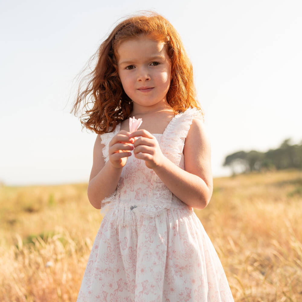 Artesanía Granlei-Платье бело-розовое из хлопка в цветочек Toile de Jouy для девочек | Childrensalon