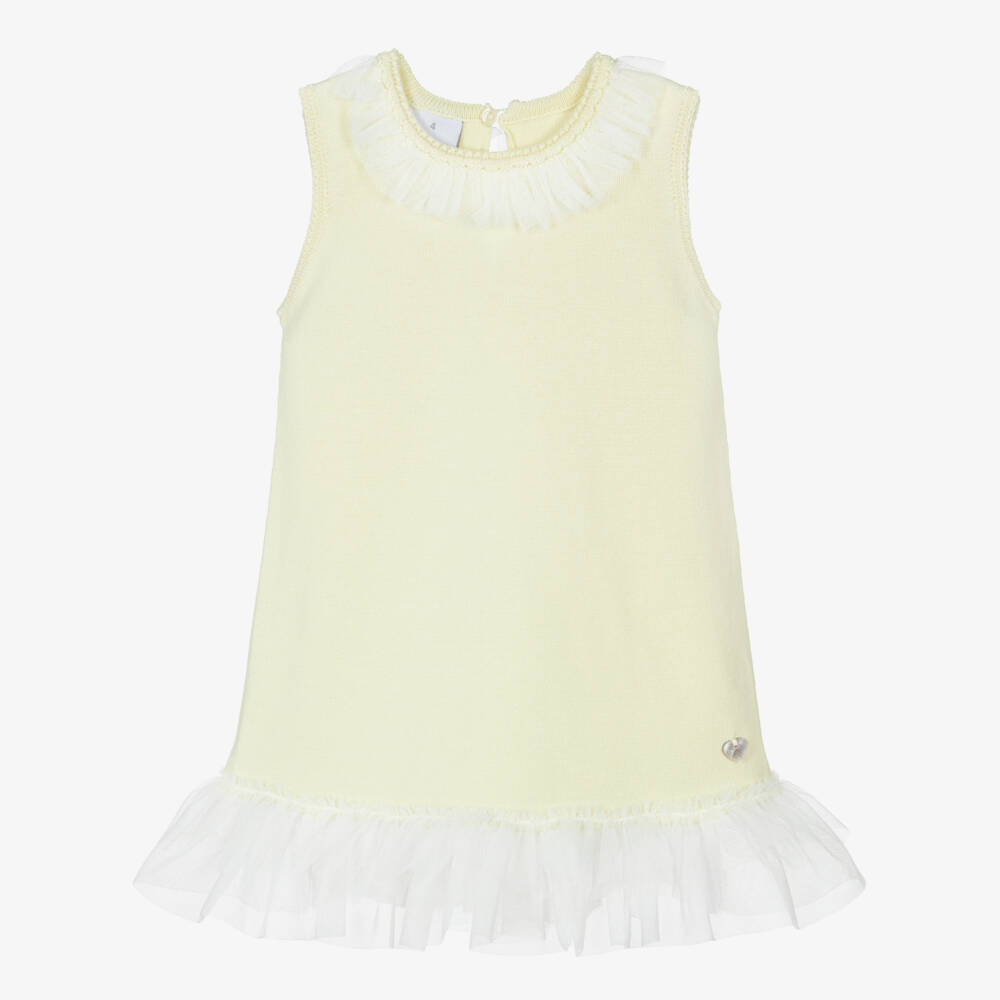 Artesanía Granlei-Girls Yellow Knitted Dress with Tulle Trims | Childrensalon