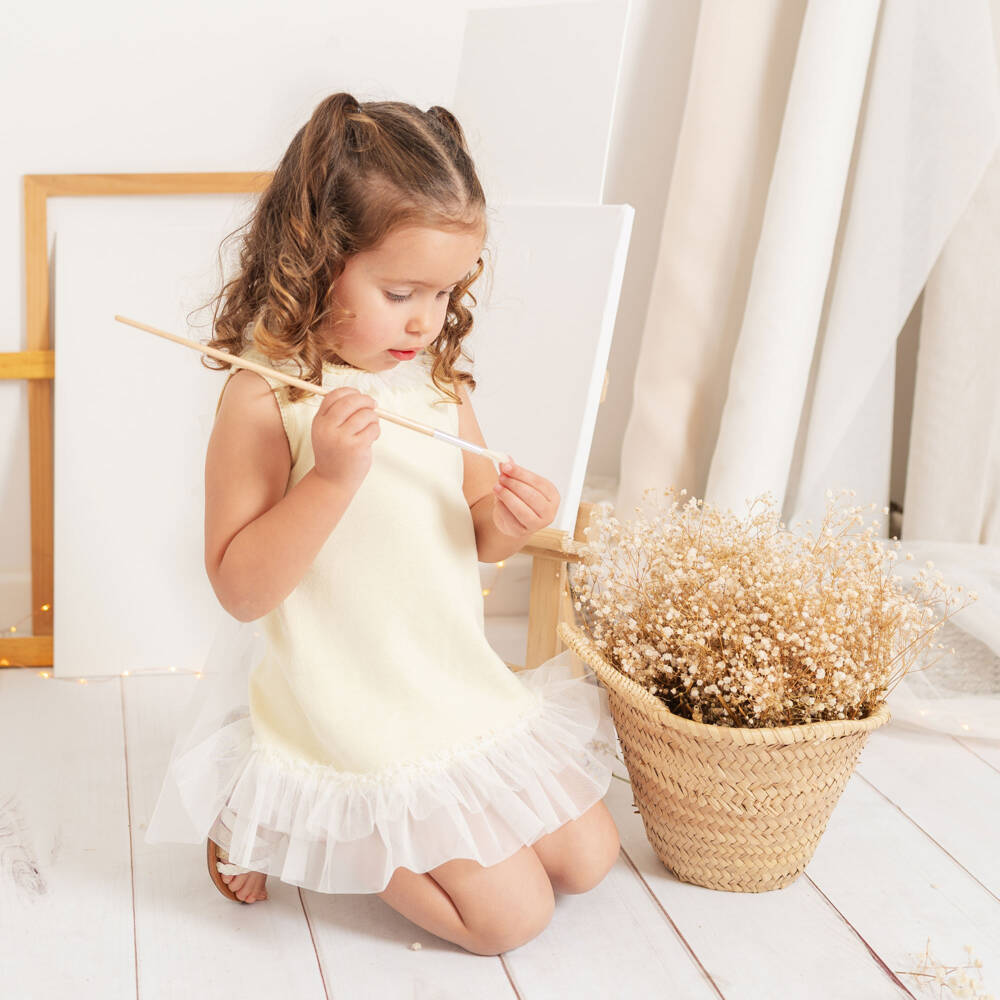 Artesanía Granlei-Girls Yellow Knitted Dress with Tulle Trims | Childrensalon