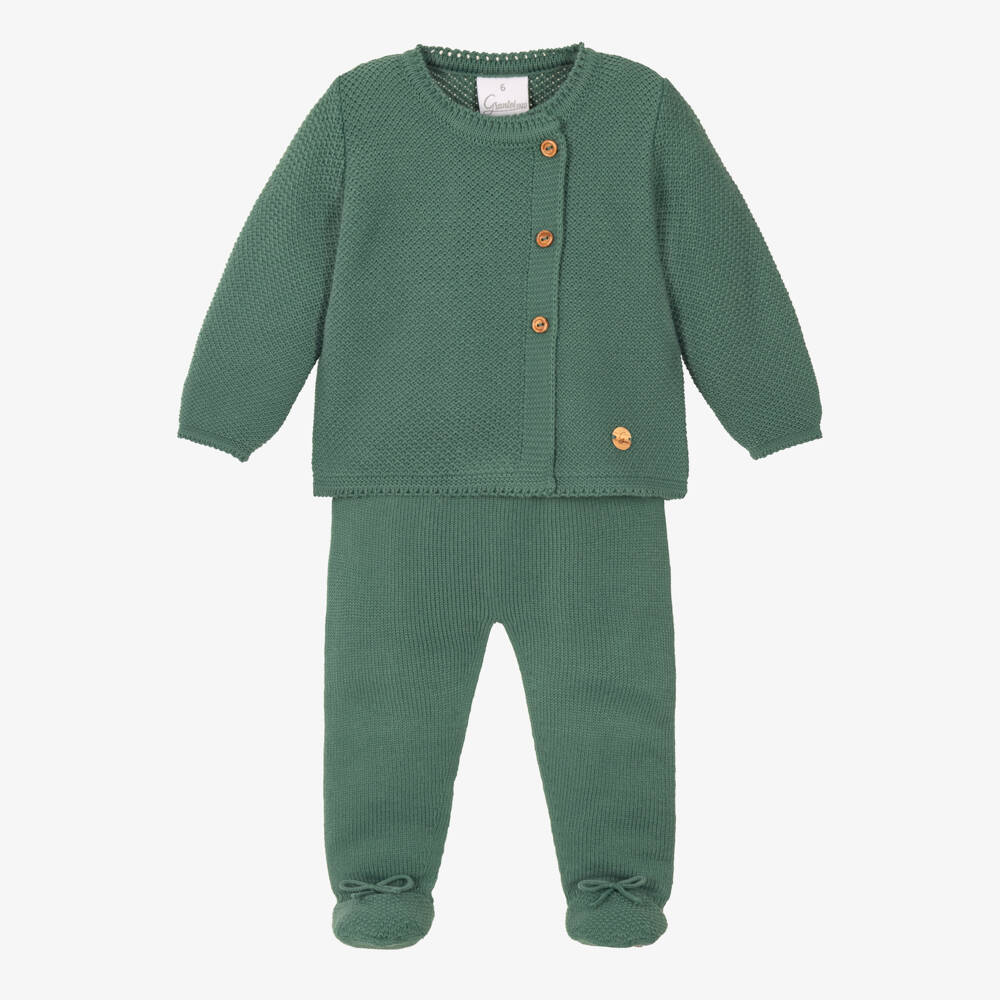 Artesanía Granlei-Green Knitted 2 Piece Babygrow | Childrensalon