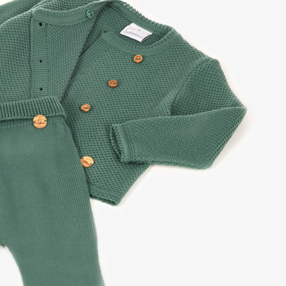 Artesanía Granlei-Green Knitted 2 Piece Babygrow | Childrensalon