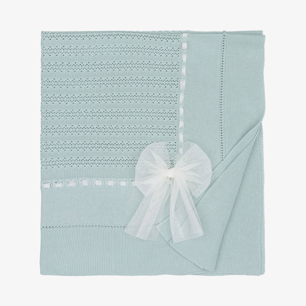 Artesanía Granlei-Green Knitted Baby Blanket with Tulle Bow (110cm) | Childrensalon