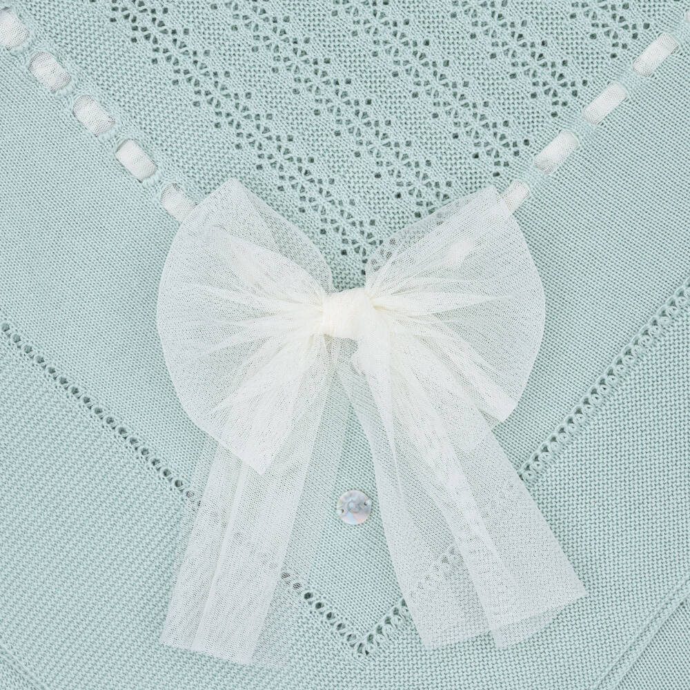 Artesanía Granlei-Green Knitted Baby Blanket with Tulle Bow (110cm) | Childrensalon