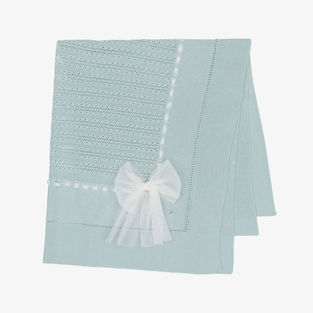 Artesanía Granlei-Green Knitted Baby Blanket with Tulle Bow (110cm) | Childrensalon