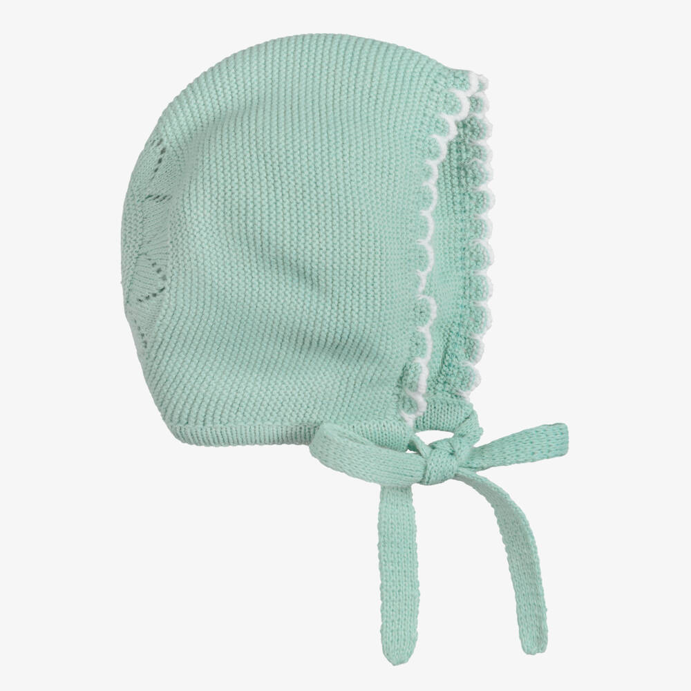 Artesanía Granlei-Green Knitted Baby Bonnet with Scalloped Trim | Childrensalon