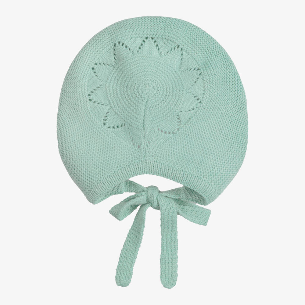 Artesanía Granlei-Green Knitted Baby Bonnet with Scalloped Trim | Childrensalon
