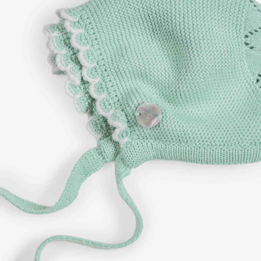 Artesanía Granlei-Green Knitted Baby Bonnet with Scalloped Trim | Childrensalon