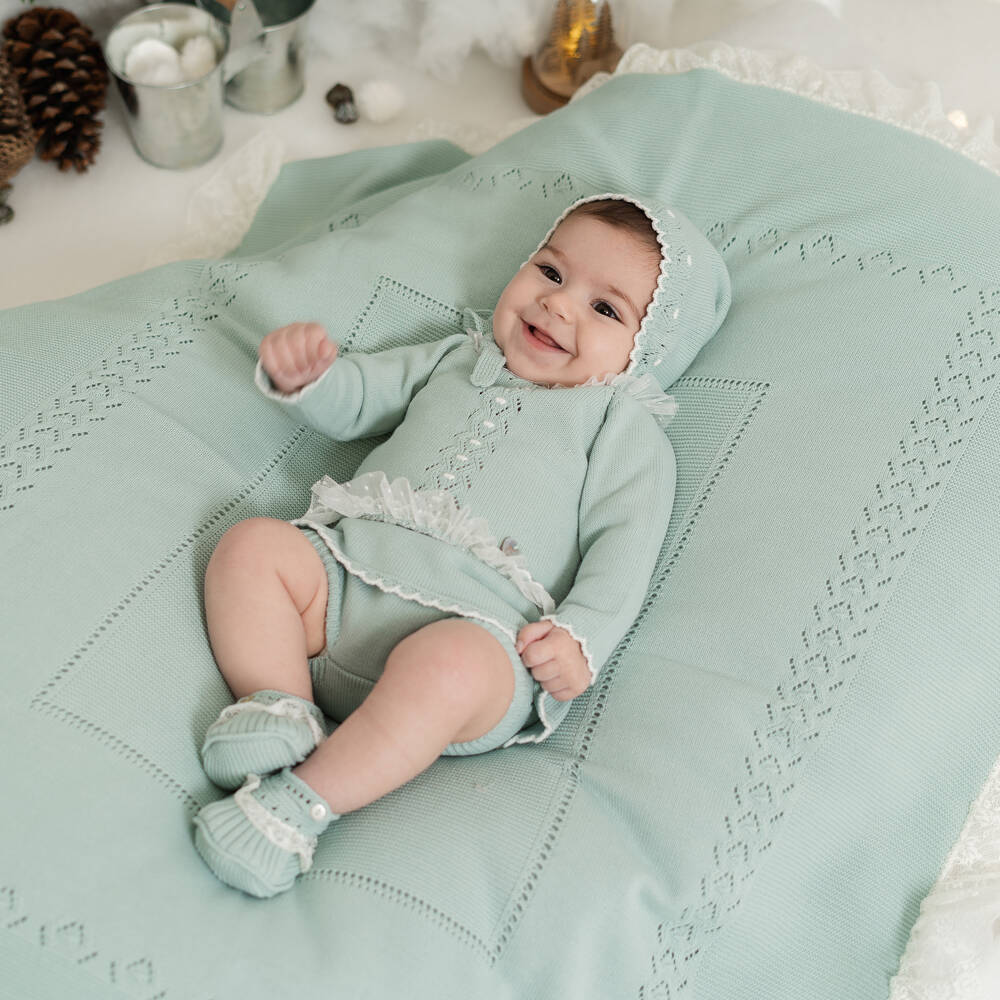 Artesanía Granlei-Green Openwork Knitted Baby Blanket (106cm) | Childrensalon