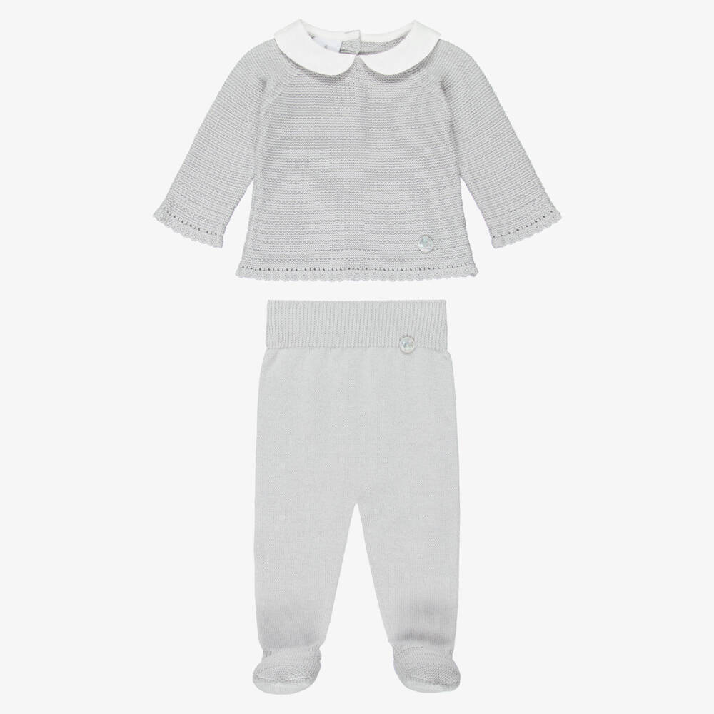 Artesanía Granlei-Grey Knitted 2 Piece Babygrow with White Collar | Childrensalon