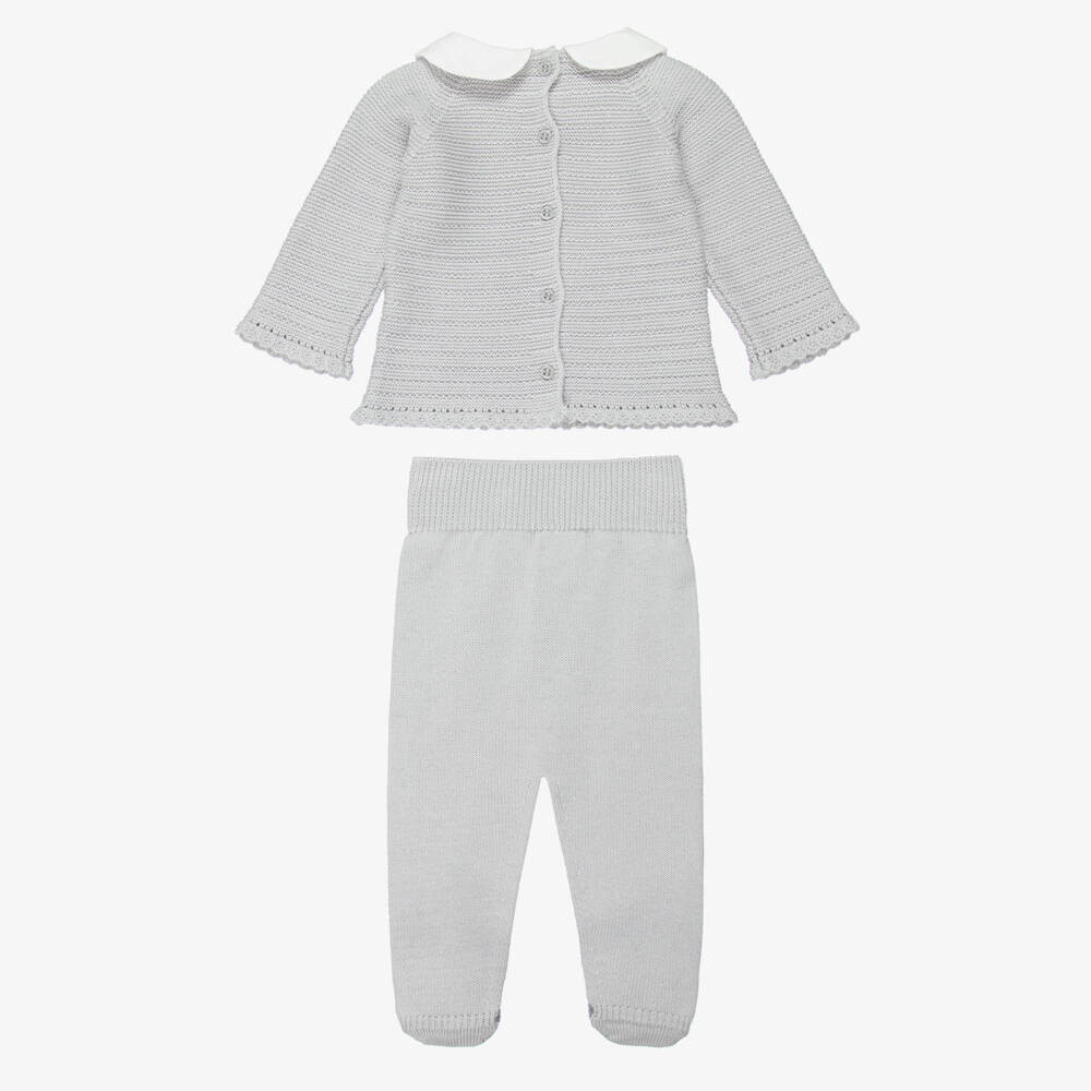 Artesanía Granlei-Grey Knitted 2 Piece Babygrow with White Collar | Childrensalon