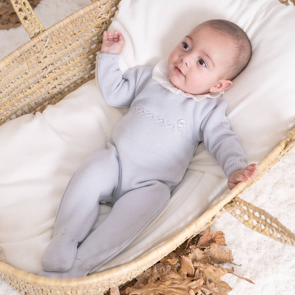 Artesanía Granlei-Grey Knitted Ruffle Collar Babygrow | Childrensalon