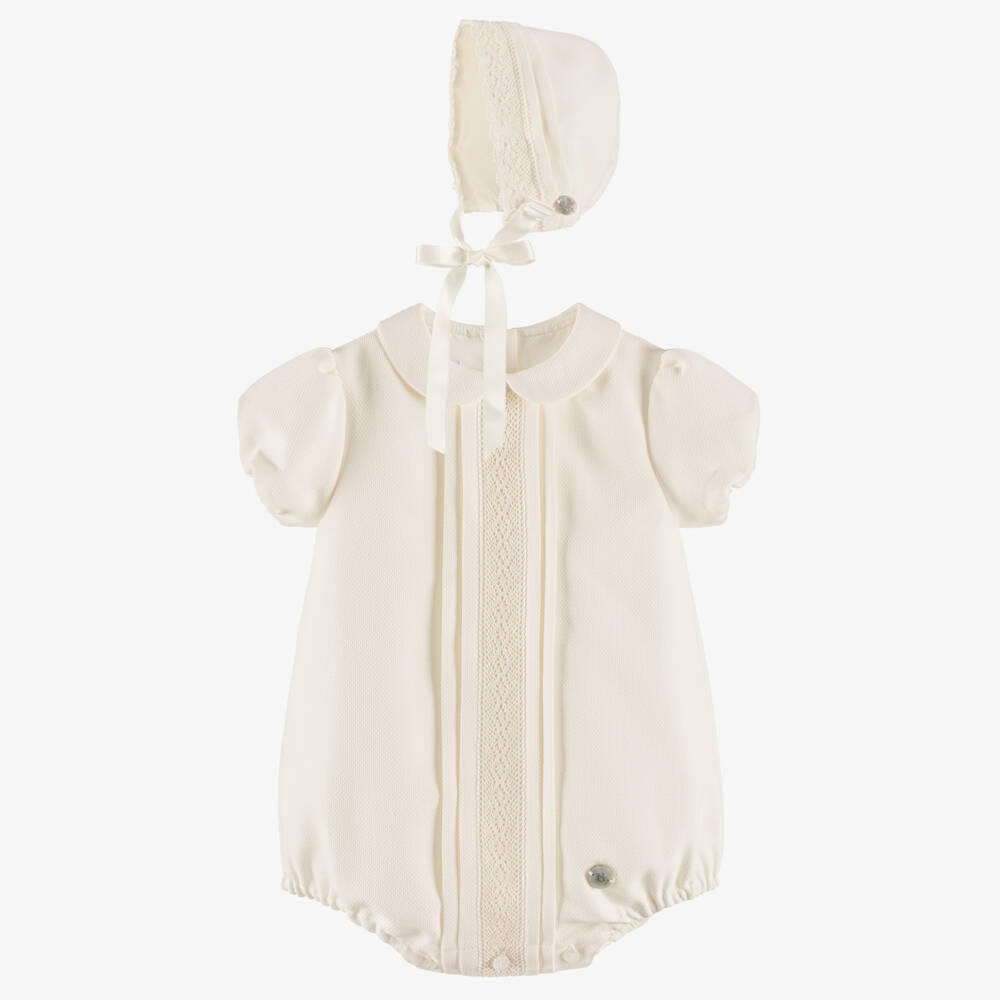 Artesanía Granlei-Ivory Babysuit & Bonnet Set  | Childrensalon