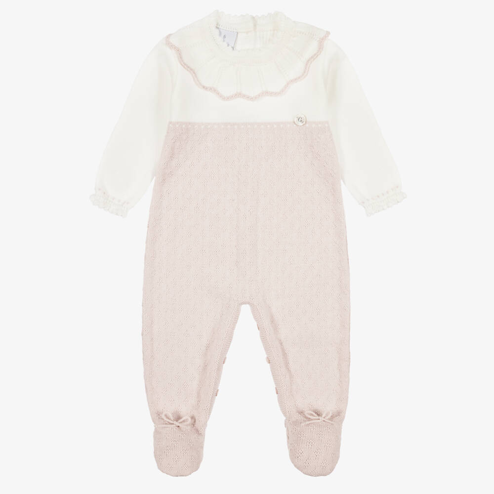 Artesanía Granlei-Ivory & Beige Knit Babygrow with Scalloped Collar | Childrensalon