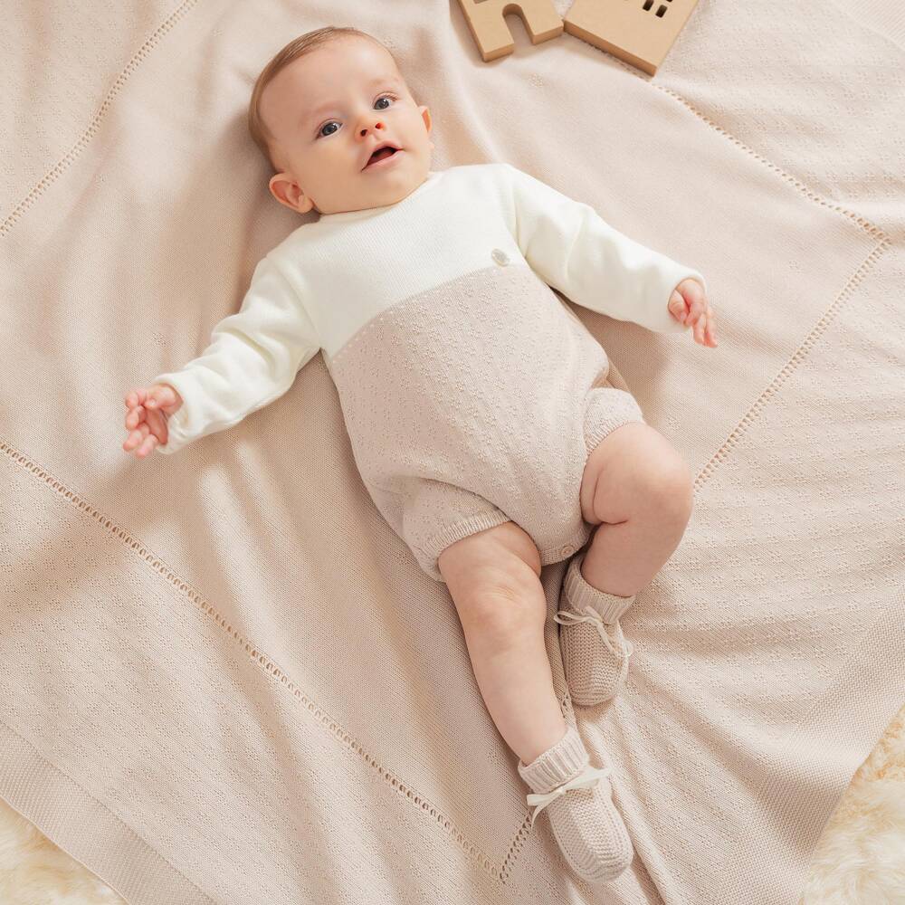 Artesanía Granlei-Ivory & Beige Knitted Shortie with Long Sleeves | Childrensalon