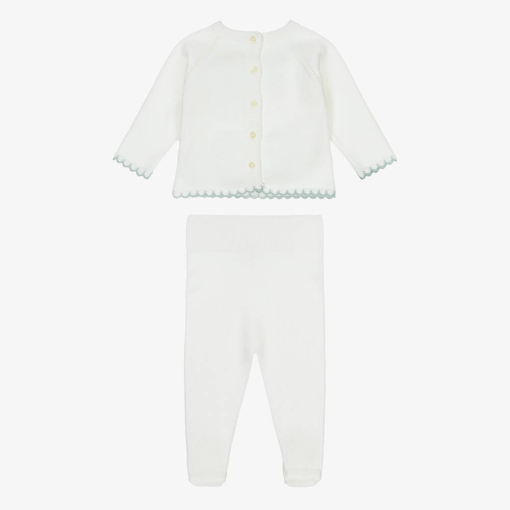 Artesanía Granlei-Ivory Knitted 2 Piece Babygrow with Blue Scalloped Trim | Childrensalon