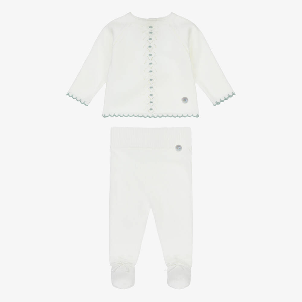 Artesanía Granlei-Ivory Knitted 2 Piece Babygrow with Blue Scalloped Trim | Childrensalon