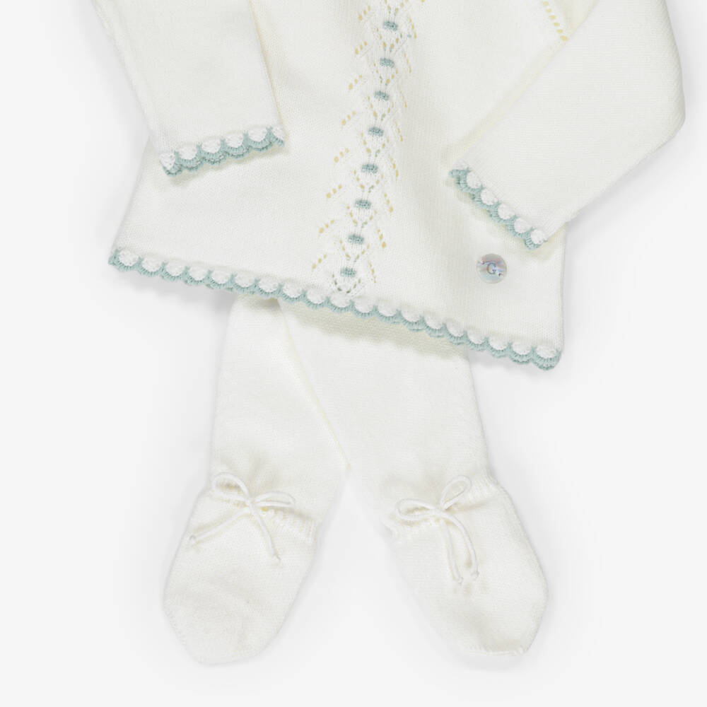 Artesanía Granlei-Ivory Knitted 2 Piece Babygrow with Blue Scalloped Trim | Childrensalon