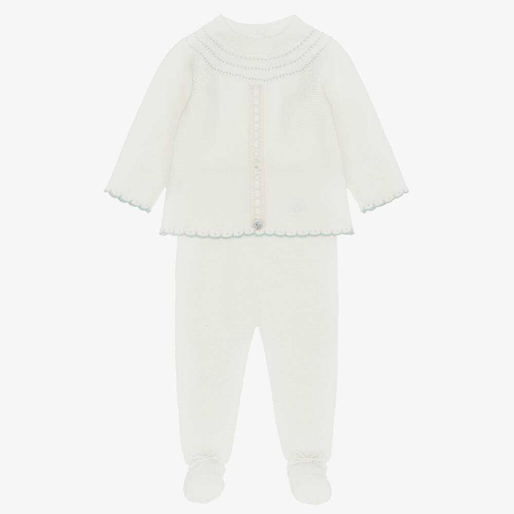 Artesanía Granlei-Ivory Knitted 2 Piece Babygrow with Lace Trim | Childrensalon