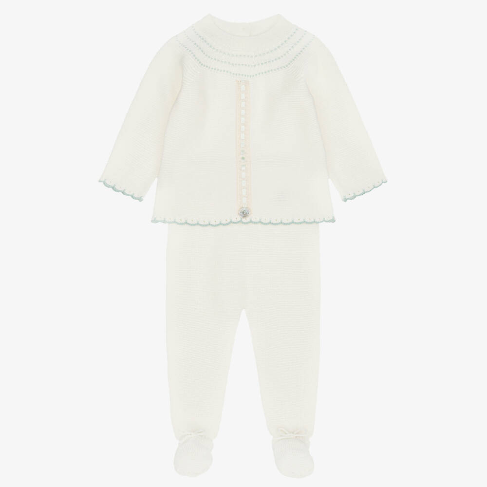 Artesanía Granlei-Ivory Knitted 2 Piece Babygrow with Lace Trim | Childrensalon