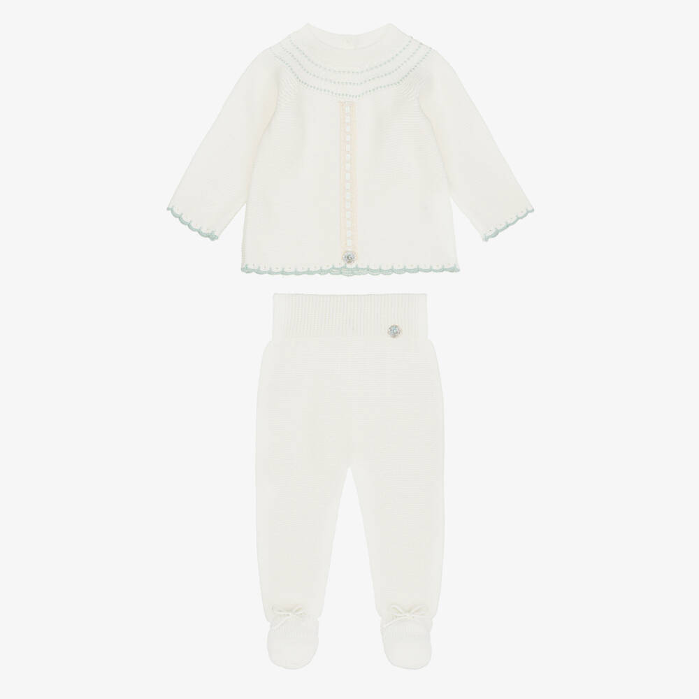 Artesanía Granlei-Ivory Knitted 2 Piece Babygrow with Lace Trim | Childrensalon
