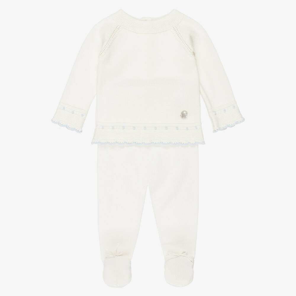 Artesanía Granlei-Ivory Knitted 2 Piece Babygrow with Pale Blue Trims | Childrensalon