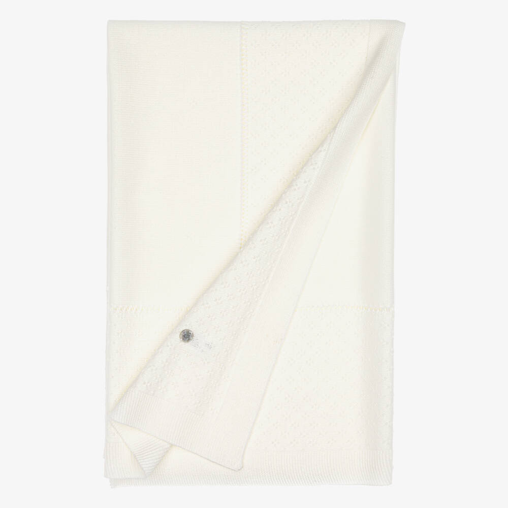 Artesanía Granlei-Ivory Knitted Baby Blanket with Textured Border (108cm) | Childrensalon