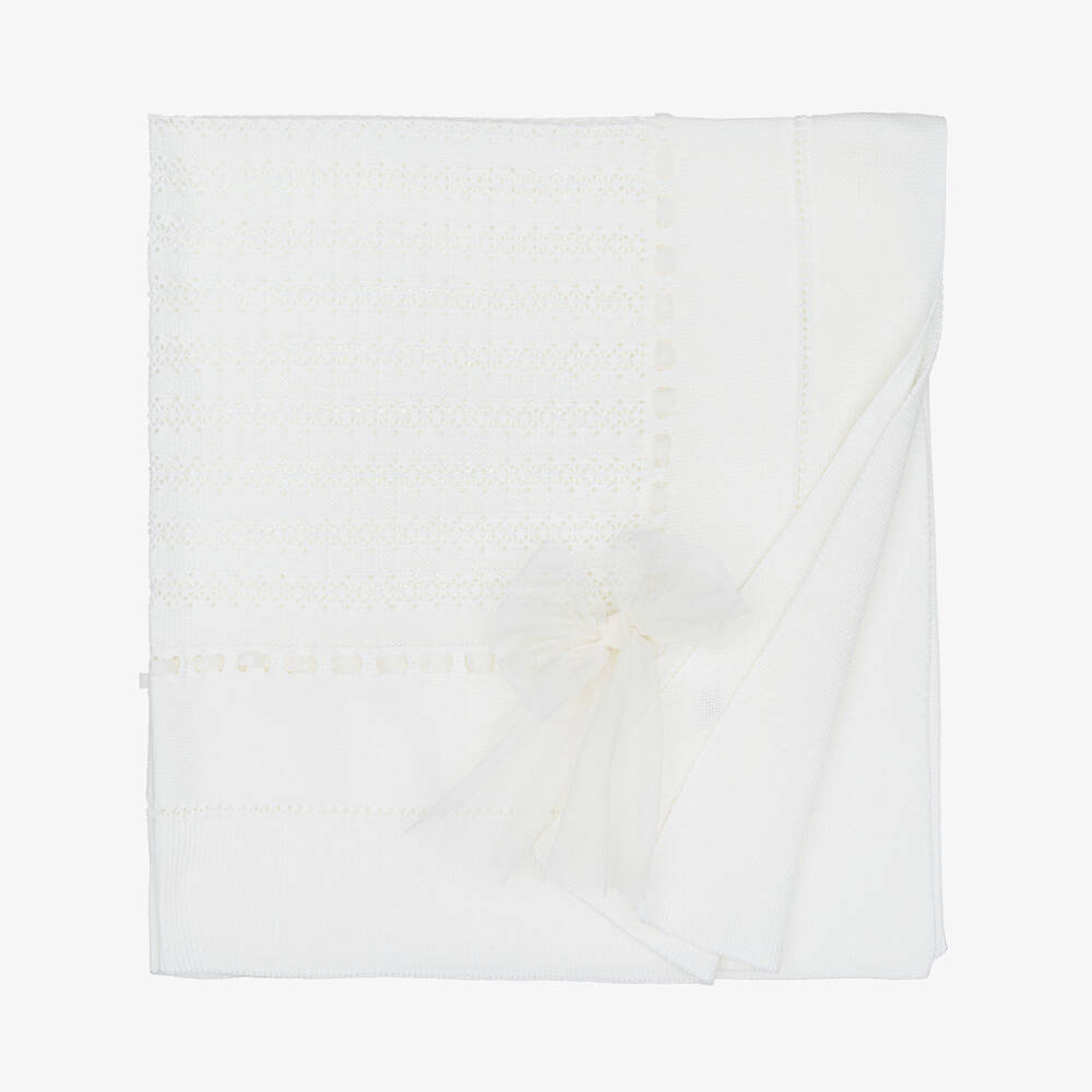 Artesanía Granlei-Ivory Knitted Baby Blanket with Tulle Bow (110cm) | Childrensalon