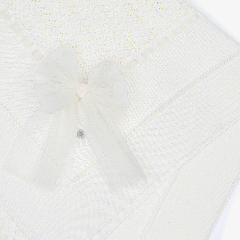 Artesanía Granlei-Ivory Knitted Baby Blanket with Tulle Bow (110cm) | Childrensalon