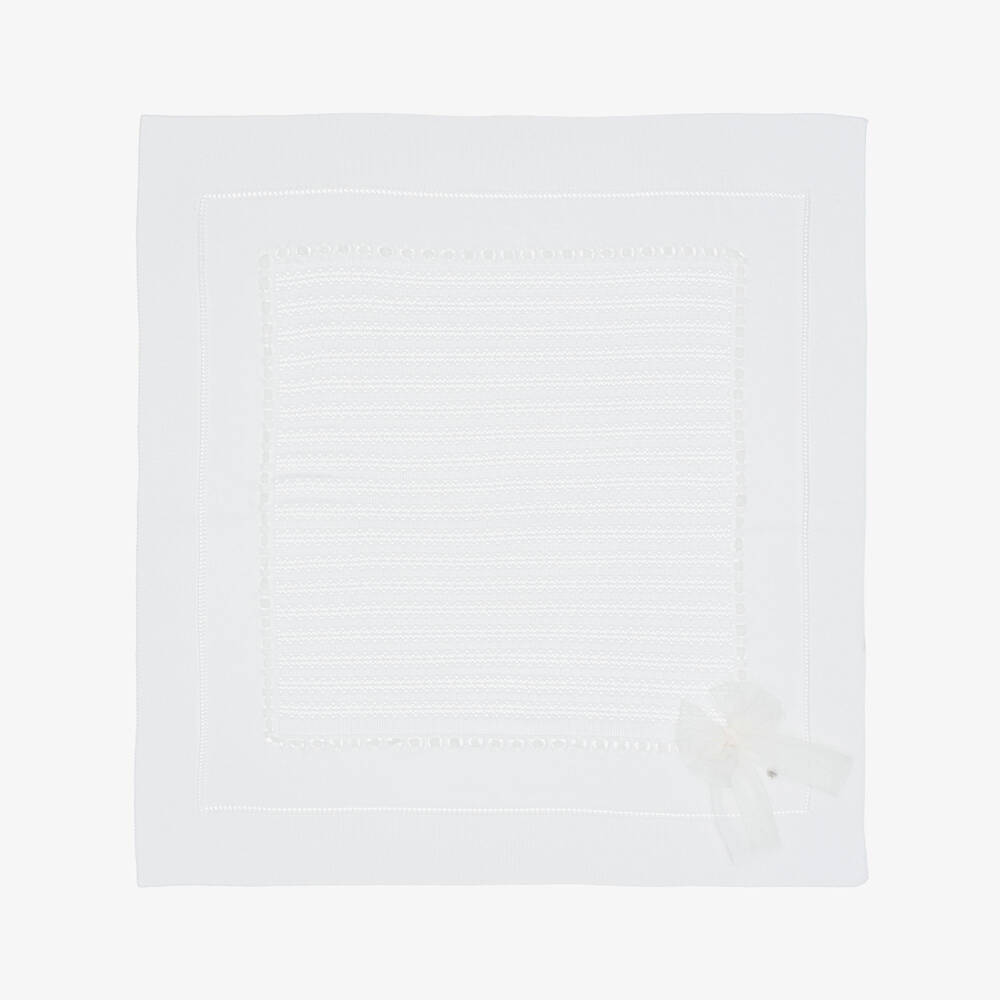 Artesanía Granlei-Ivory Knitted Baby Blanket with Tulle Bow (110cm) | Childrensalon