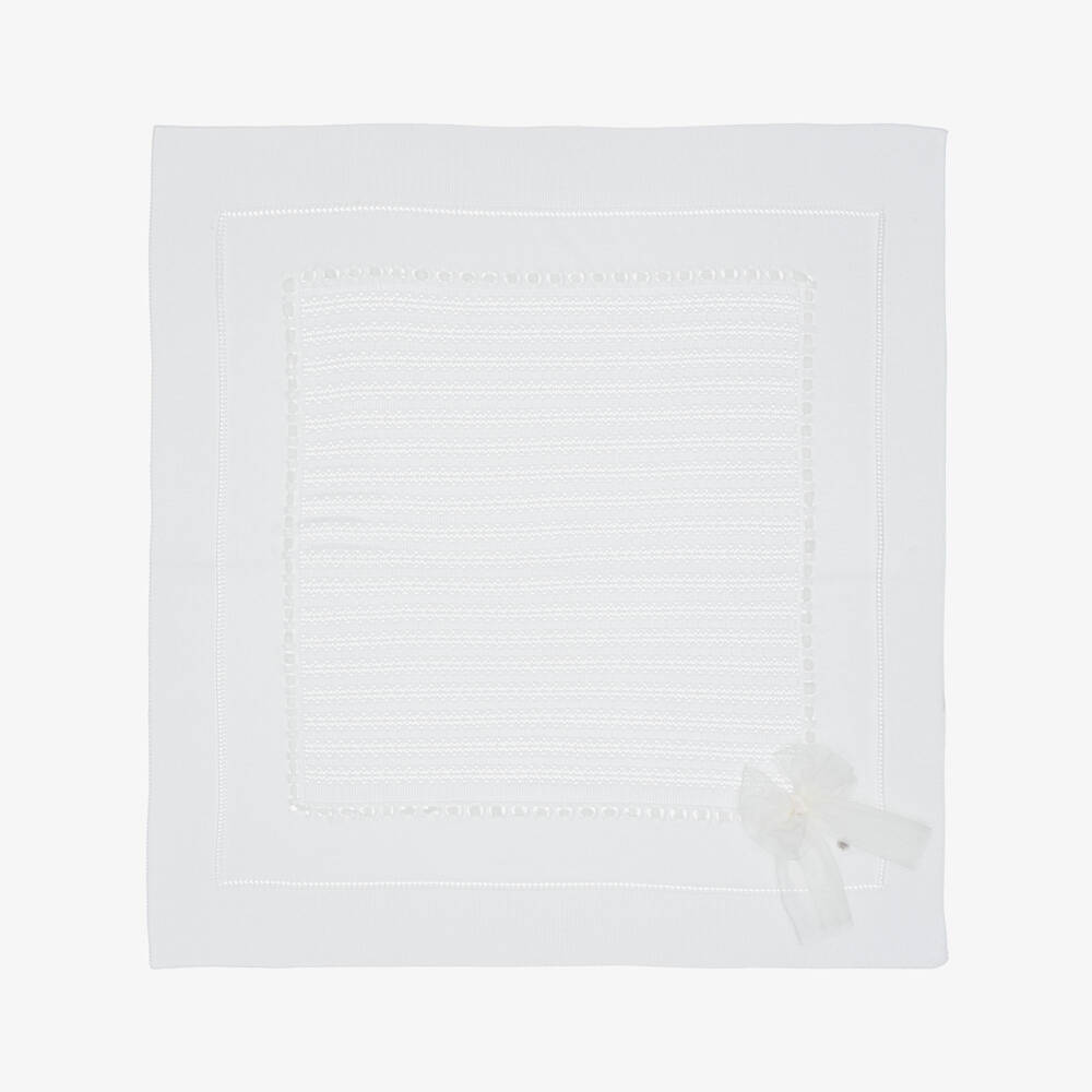 Artesanía Granlei-Ivory Knitted Baby Blanket with Tulle Bow (110cm) | Childrensalon