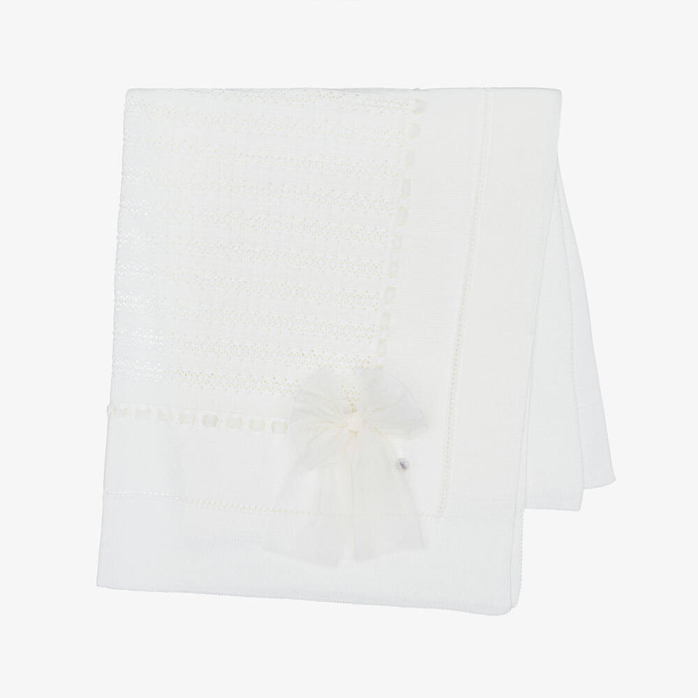 Artesanía Granlei-Ivory Knitted Baby Blanket with Tulle Bow (110cm) | Childrensalon