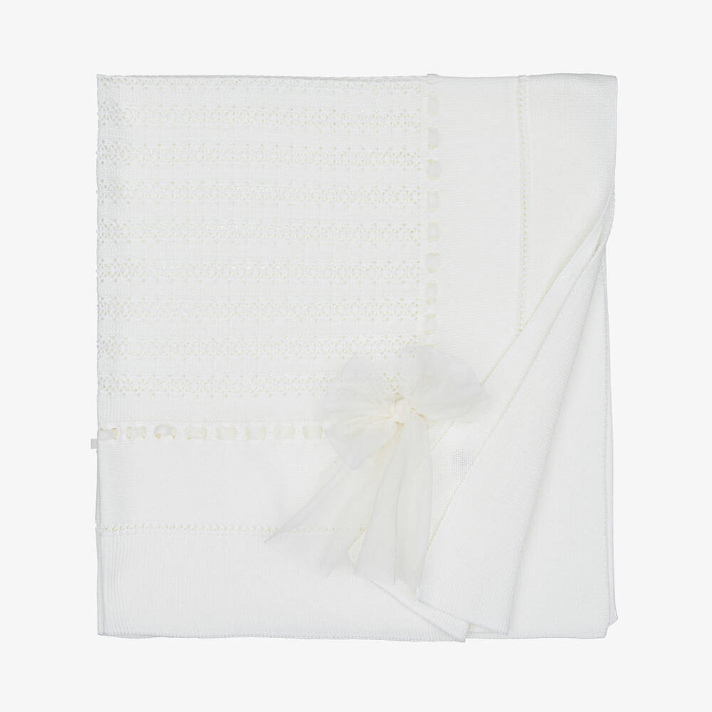 Artesanía Granlei-Ivory Knitted Baby Blanket with Tulle Bow (110cm) | Childrensalon