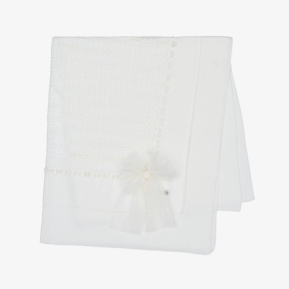 Artesanía Granlei-Ivory Knitted Baby Blanket with Tulle Bow (110cm) | Childrensalon