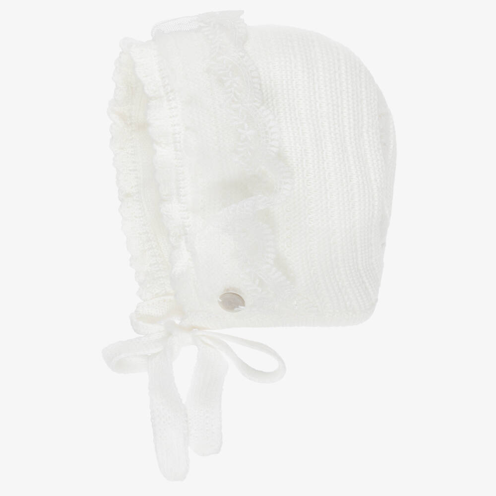 Artesanía Granlei-Ivory Knitted Baby Bonnet with Lacy Tulle Trim | Childrensalon