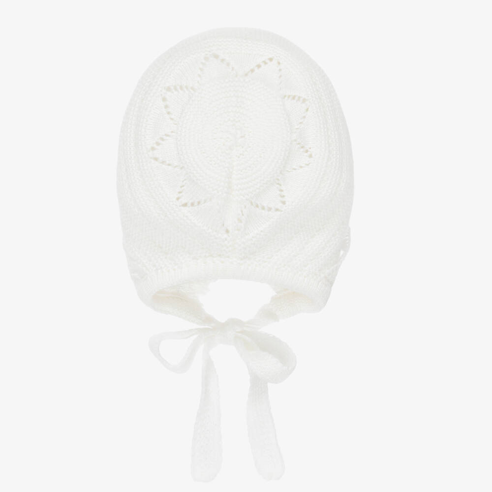 Artesanía Granlei-Ivory Knitted Baby Bonnet with Lacy Tulle Trim | Childrensalon