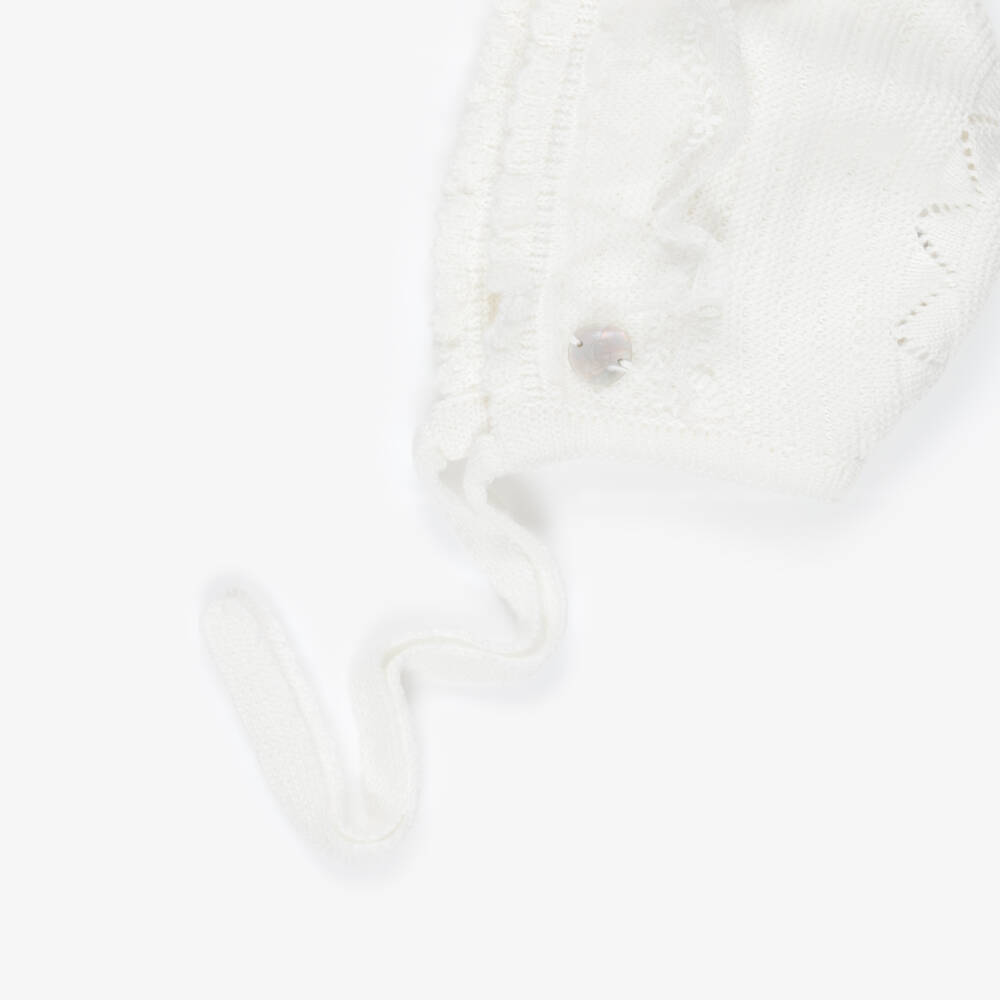 Artesanía Granlei-Ivory Knitted Baby Bonnet with Lacy Tulle Trim | Childrensalon
