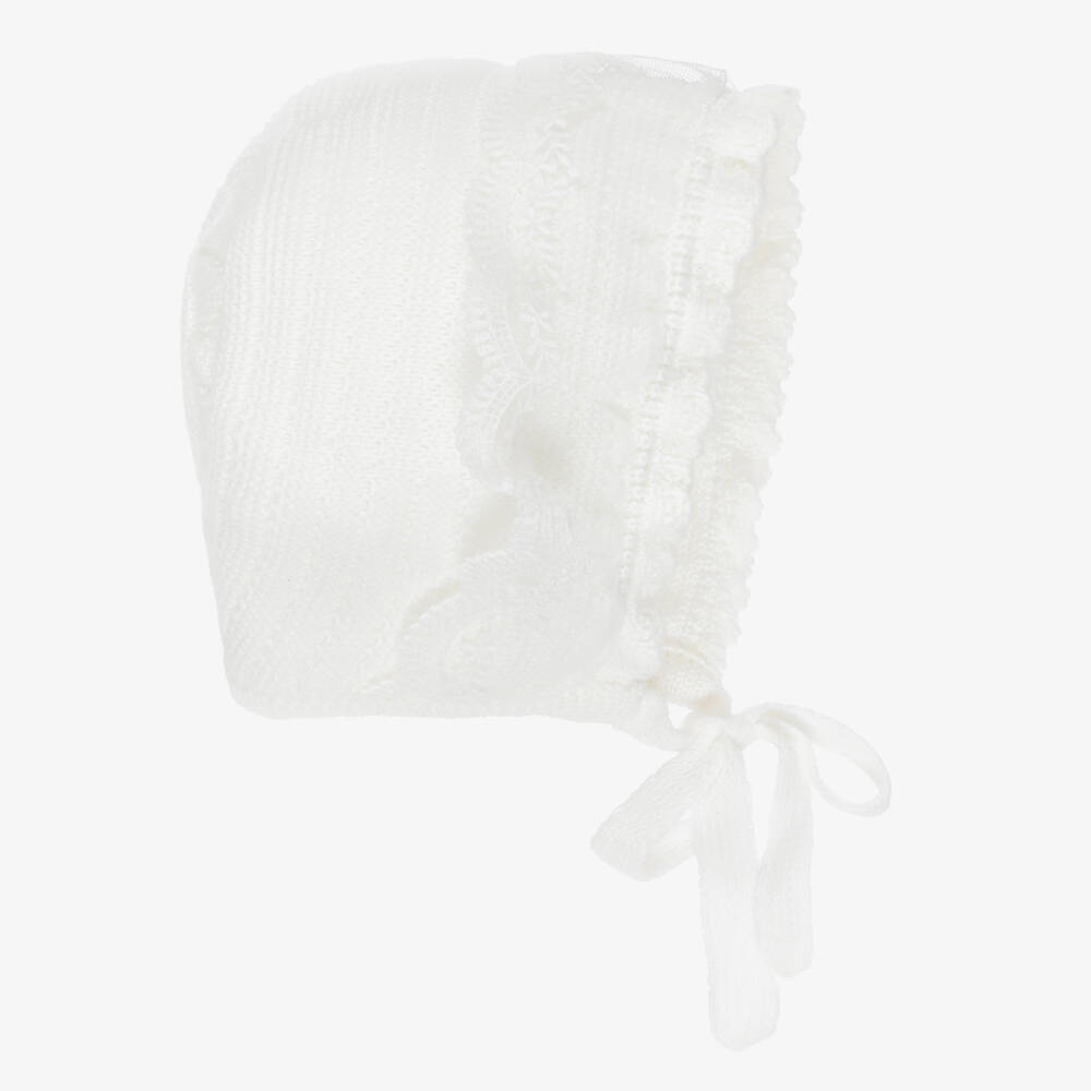 Artesanía Granlei-Ivory Knitted Baby Bonnet with Lacy Tulle Trim | Childrensalon