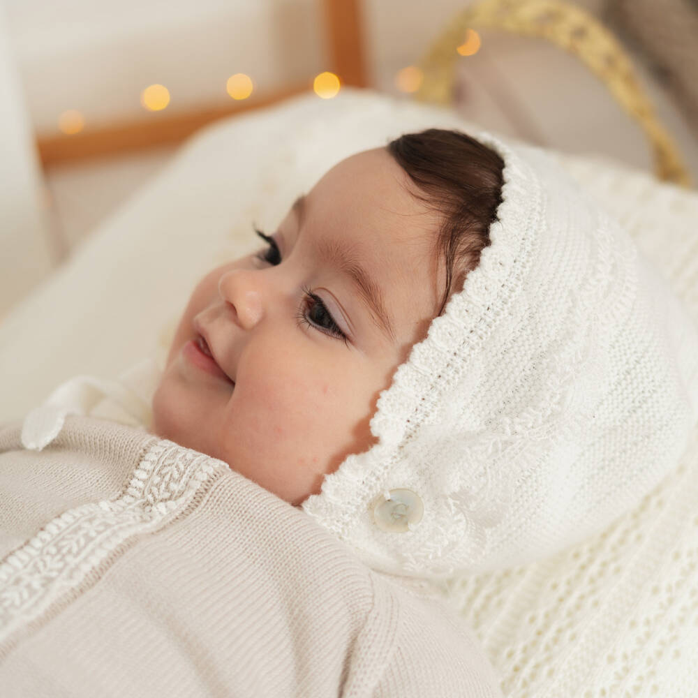 Artesanía Granlei-Ivory Knitted Baby Bonnet with Lacy Tulle Trim | Childrensalon