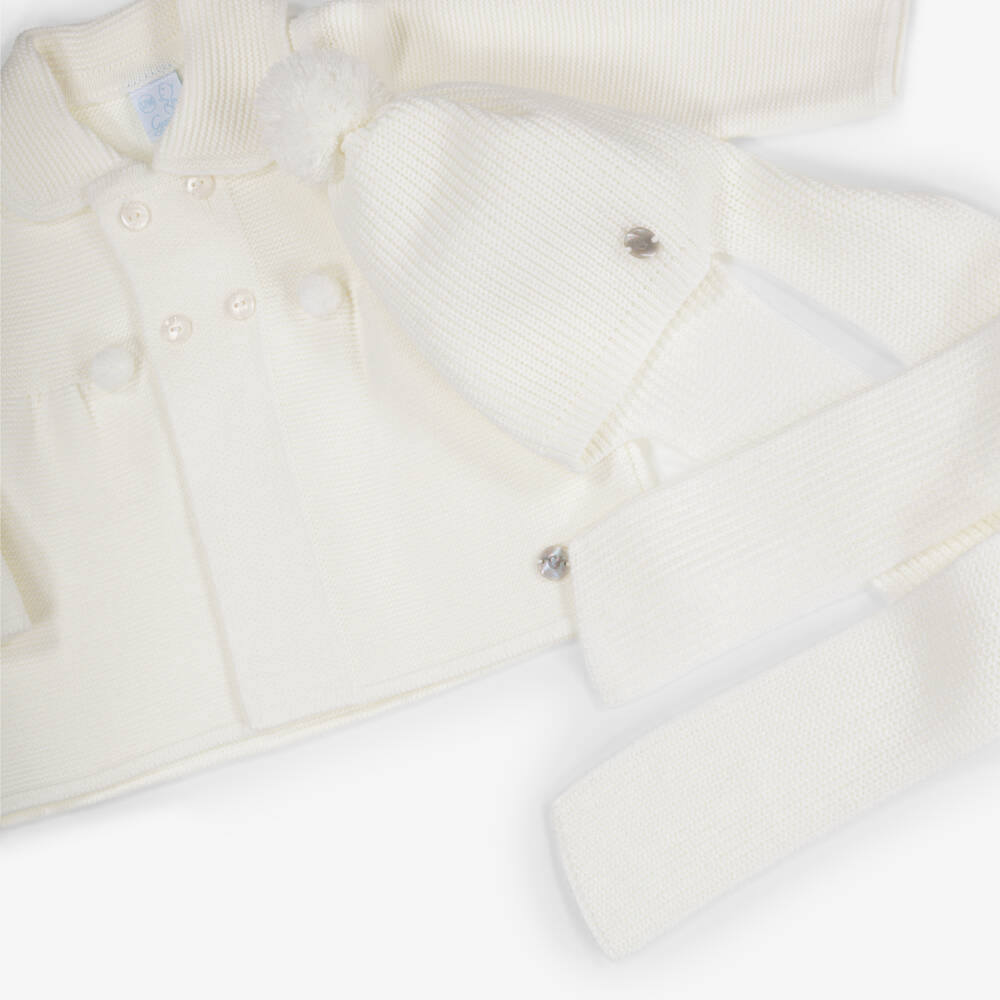 Artesanía Granlei-Ivory Knitted Baby Coat & Pom-Pom Hat Set | Childrensalon