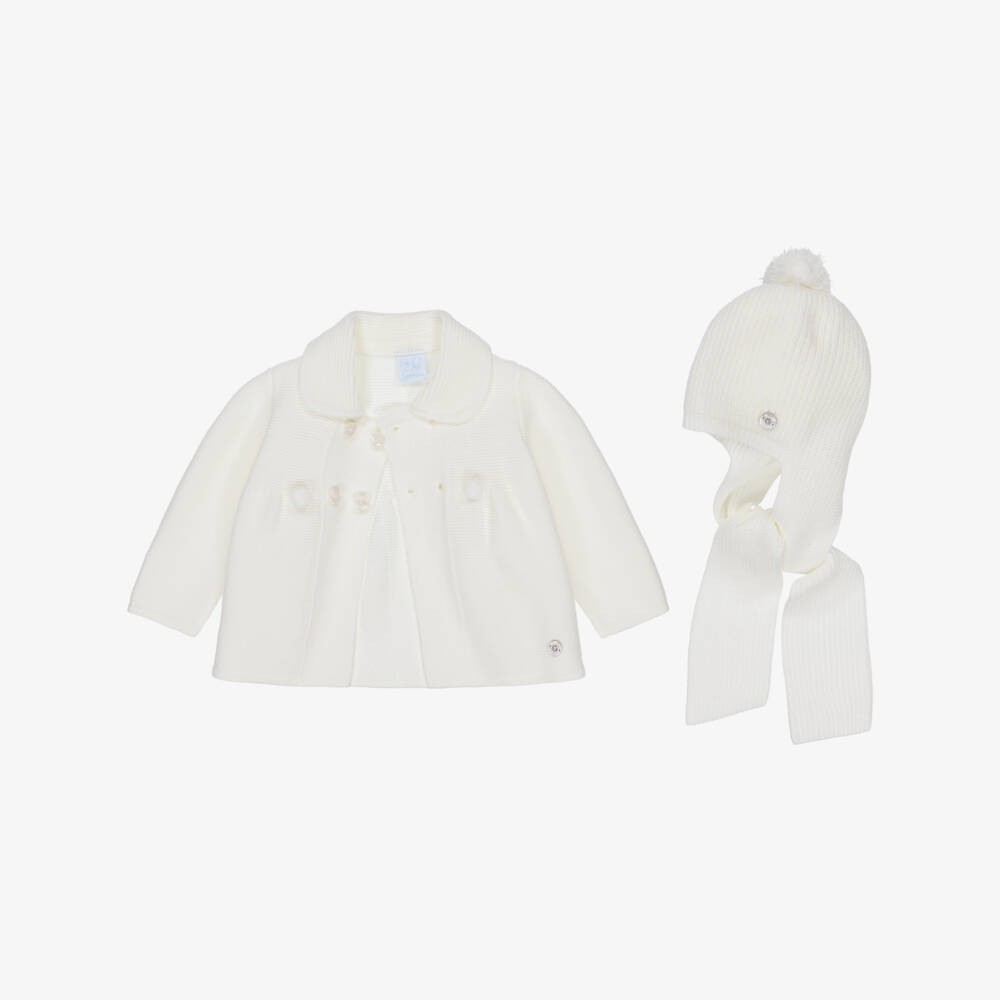 Artesanía Granlei-Ivory Knitted Baby Coat & Pom-Pom Hat Set | Childrensalon