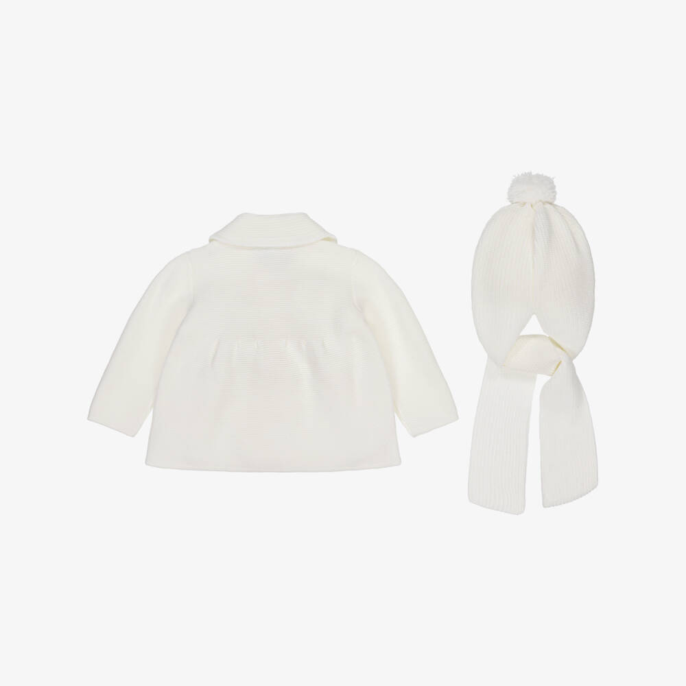 Artesanía Granlei-Ivory Knitted Baby Coat & Pom-Pom Hat Set | Childrensalon