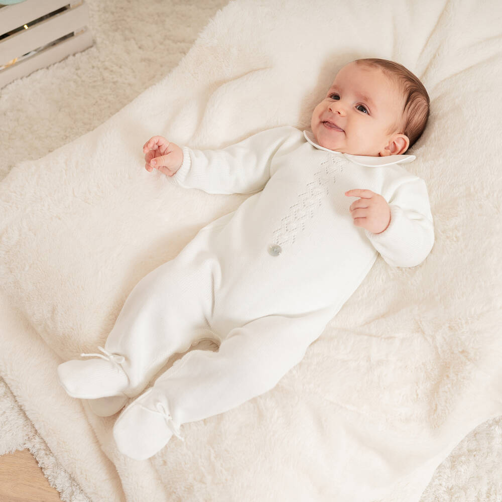 Artesanía Granlei-Ivory Knitted Babygrow with Collar | Childrensalon