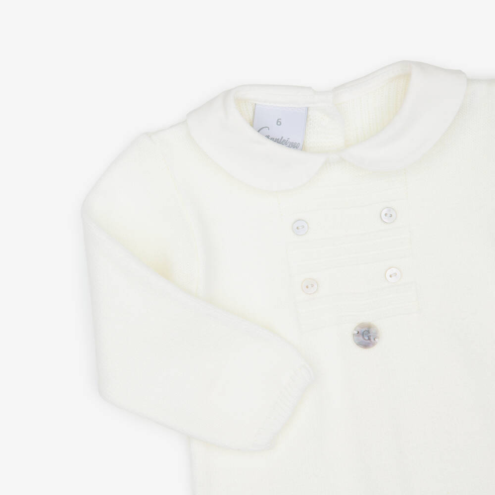 Artesanía Granlei-Ivory Knitted Babygrow with Woven Collar | Childrensalon