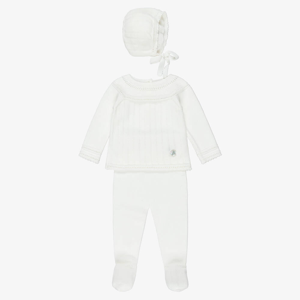 Artesanía Granlei-Ivory Knitted Bonnet & Babysuit Set | Childrensalon